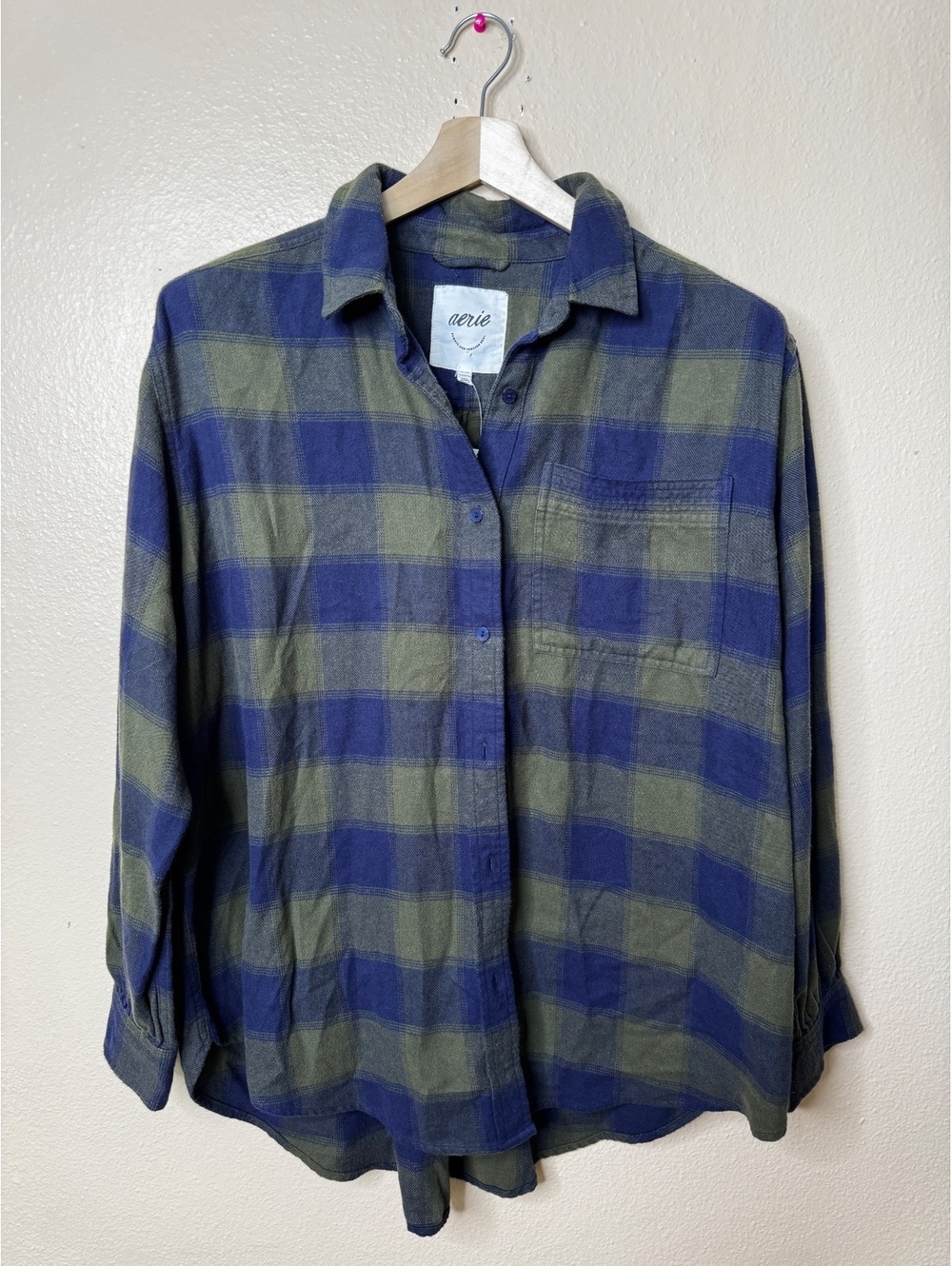Aerie Womens M Plaid Flannel Shirt Blue Green 100% Cotton Button Up Pocket NWT